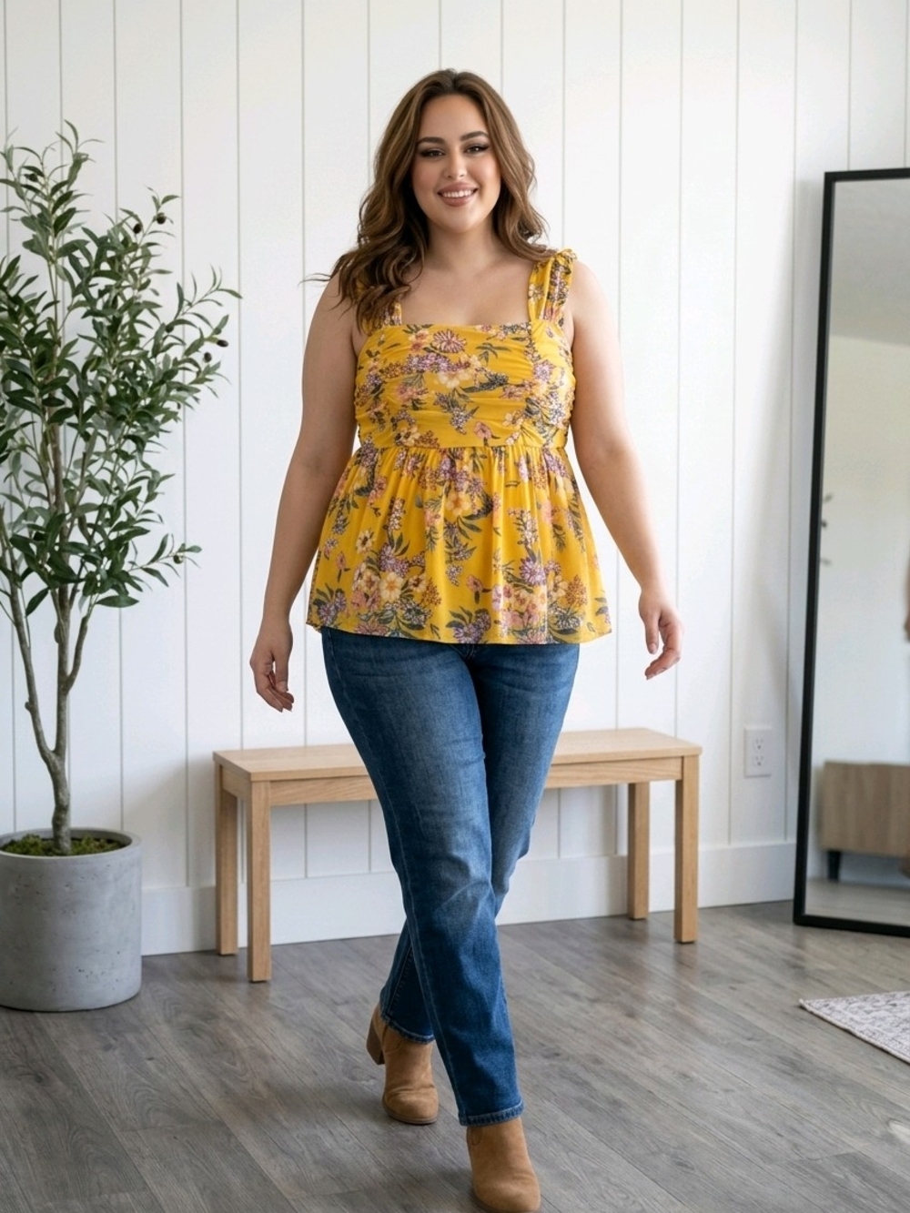 Torrid Yellow Floral Ruched Peplum Tank